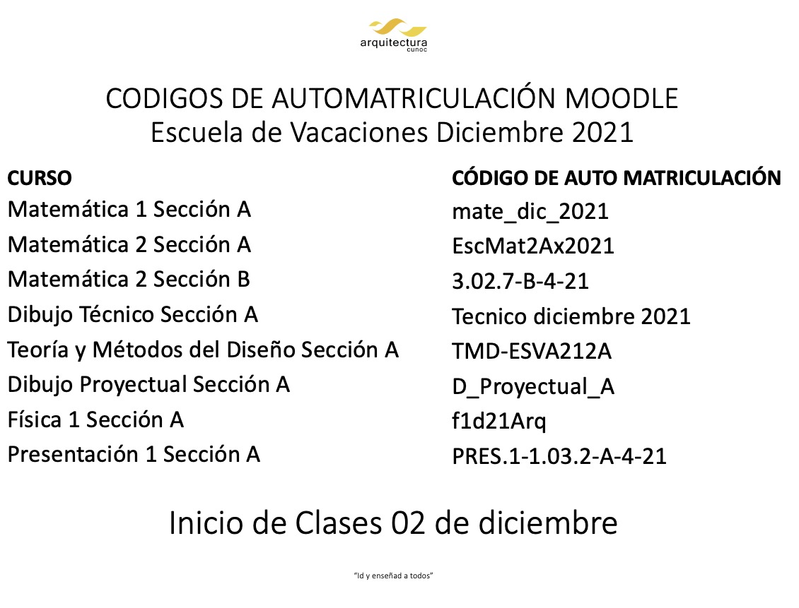 CODIGOS DE AUTOMATRICULACION MOODLE ESCUELA DE VACIONES DICIEMBRE 2021